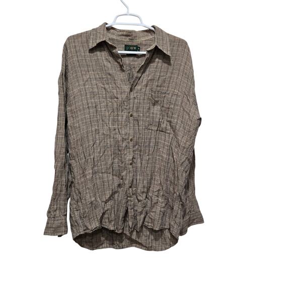J.Crew Linen Plaid Long Sleeve Button Front Shirt Brown Tan Blue M - Picture 1 of 6